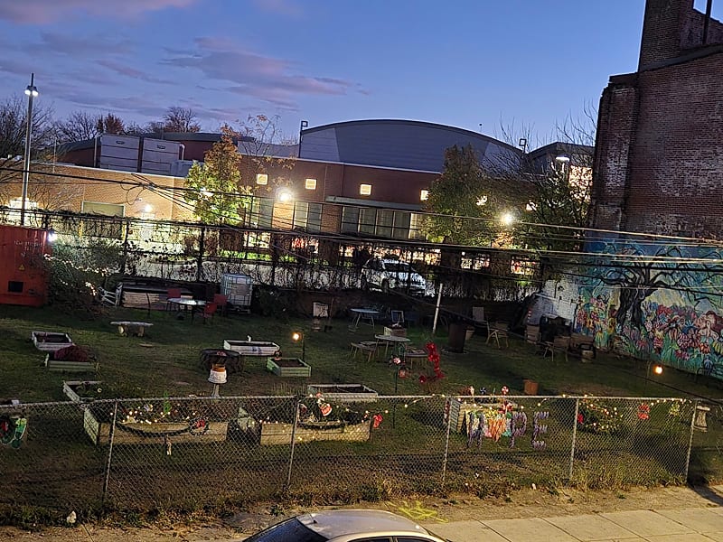 The garden decorated at night