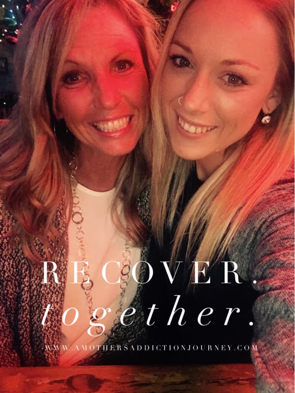 Katie Donovan with her daughter, with the text "Recover together www.amothersaddictionjourney.com"